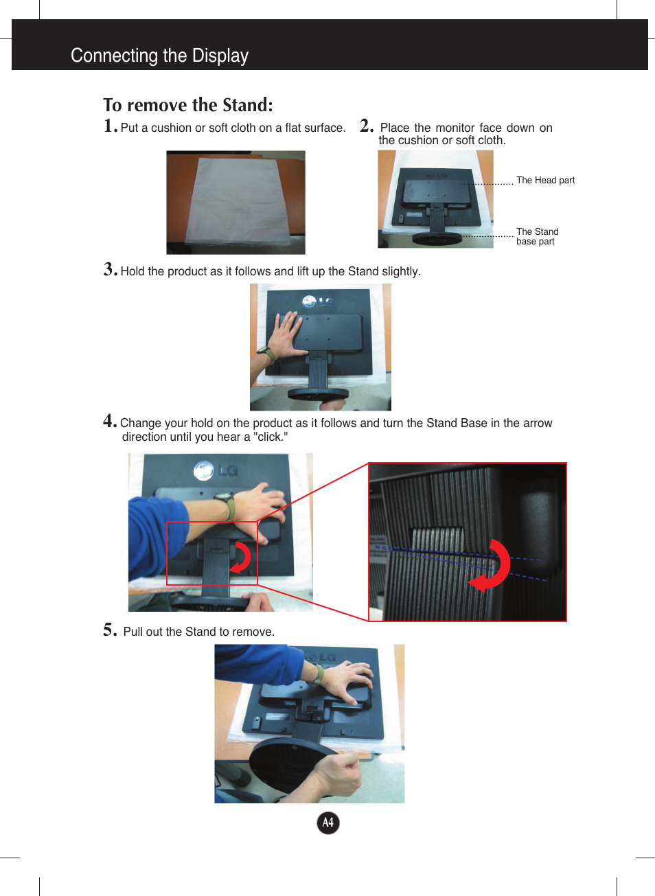 To remove the stand, Connecting the display 1 | LG L1953T-BX User Manual | Page 5 / 26