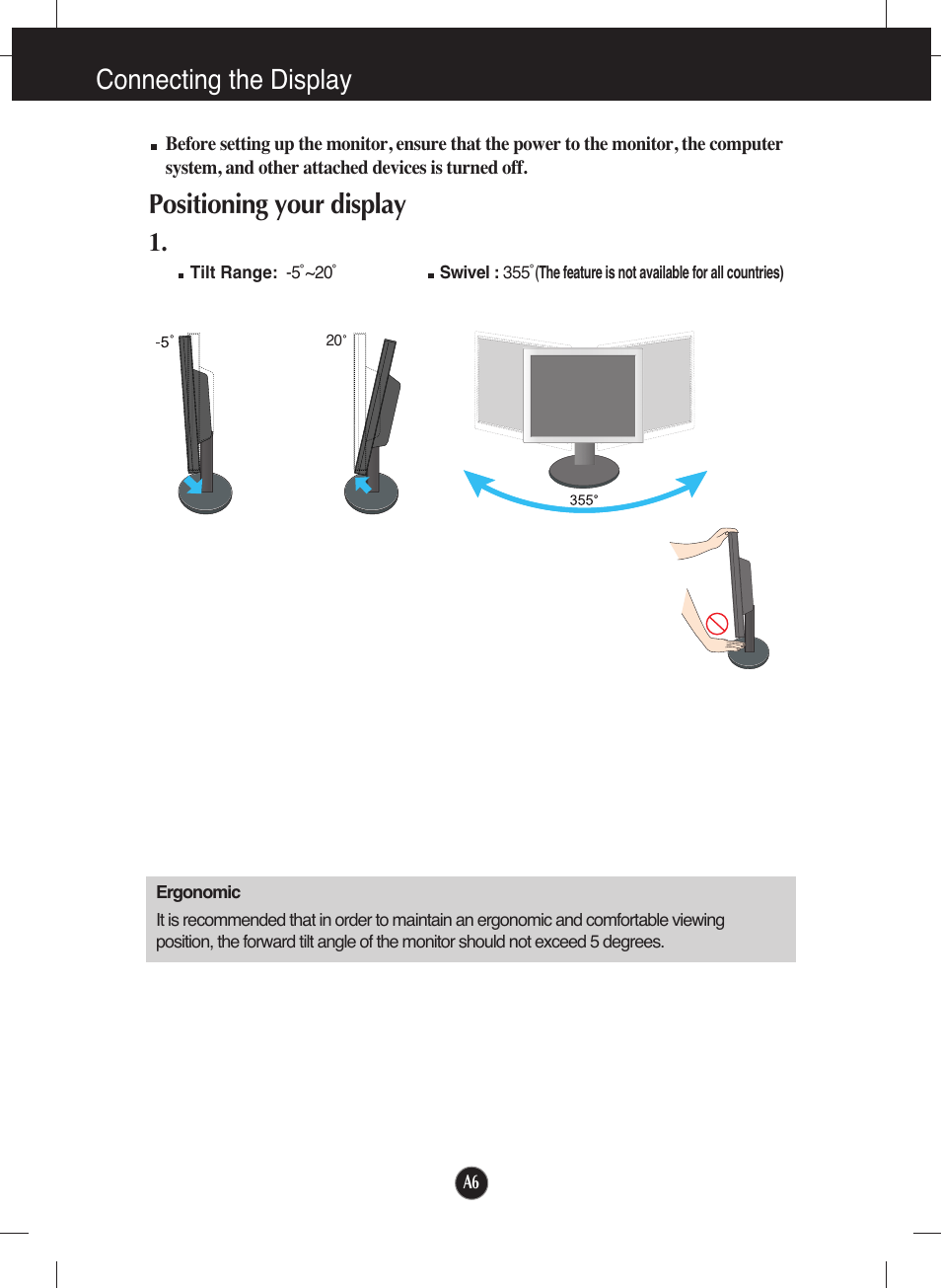 Positioning your display, Connecting the display | LG L1953T-BX User Manual | Page 7 / 26