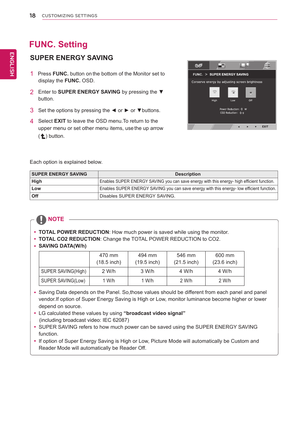 Func. setting, Super energy saving, 18 func. setting 18 | LG 20M35D-B User Manual | Page 18 / 36