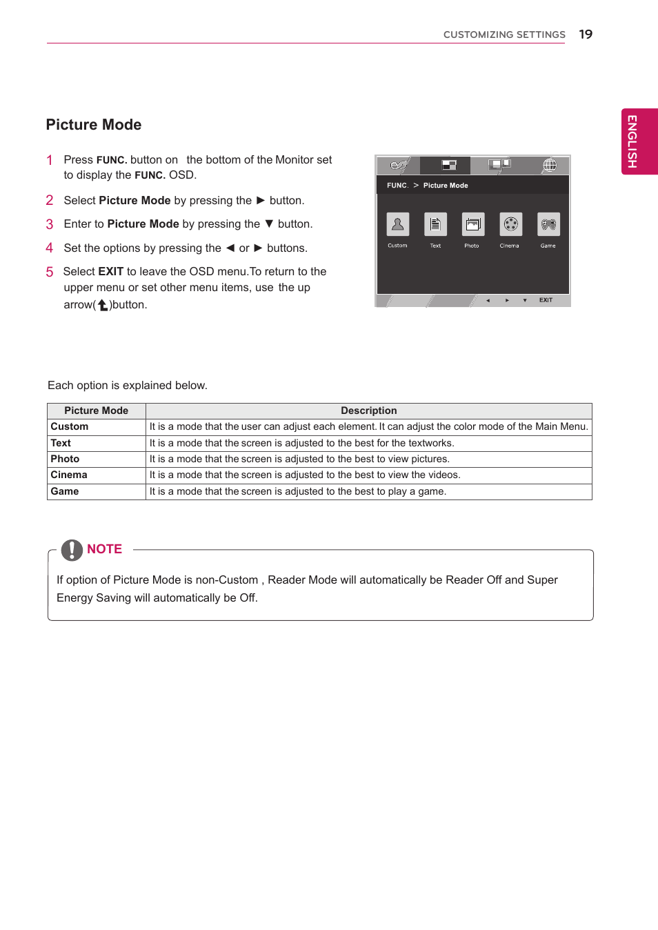 Picture mode | LG 20M35D-B User Manual | Page 19 / 36