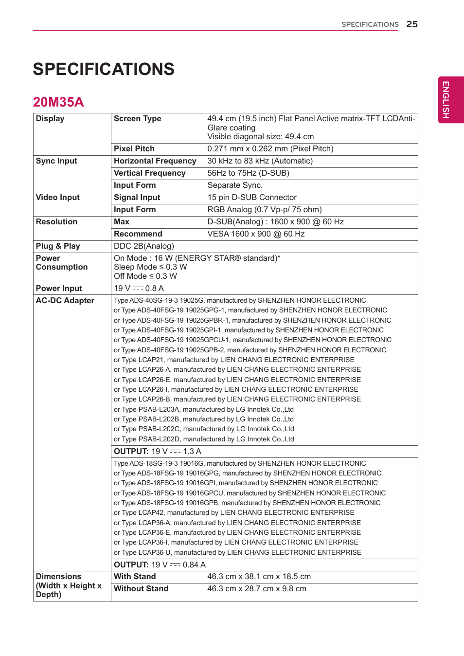 20m35a, 25 20m35a, Specifications | LG 20M35D-B User Manual | Page 25 / 36
