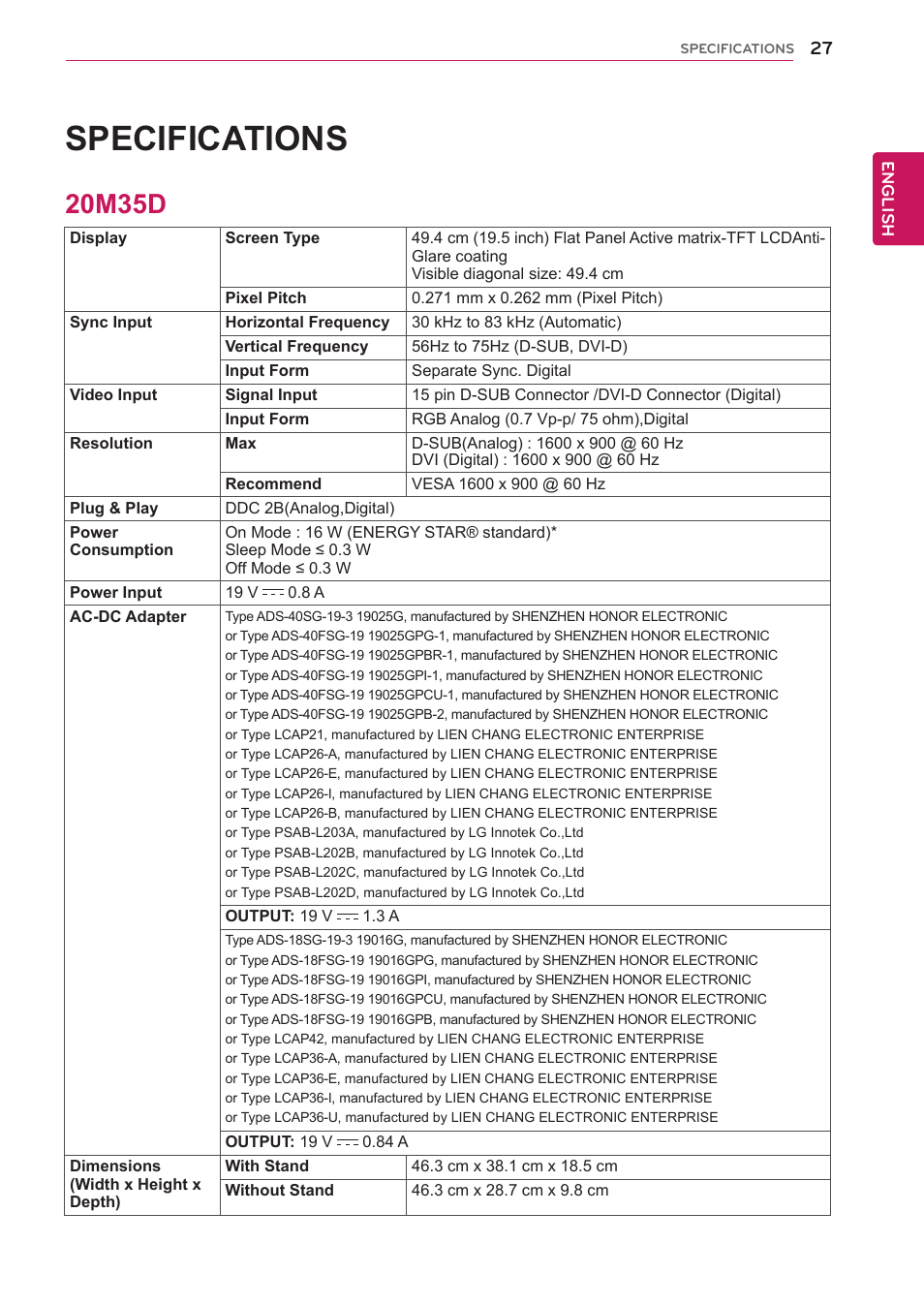 20m35d, 27 20m35d, Specifications | LG 20M35D-B User Manual | Page 27 / 36