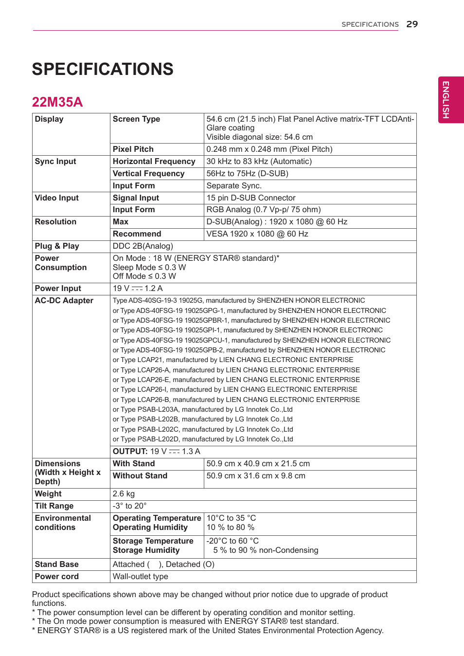 22m35a, 29 22m35a, Specifications | LG 20M35D-B User Manual | Page 29 / 36