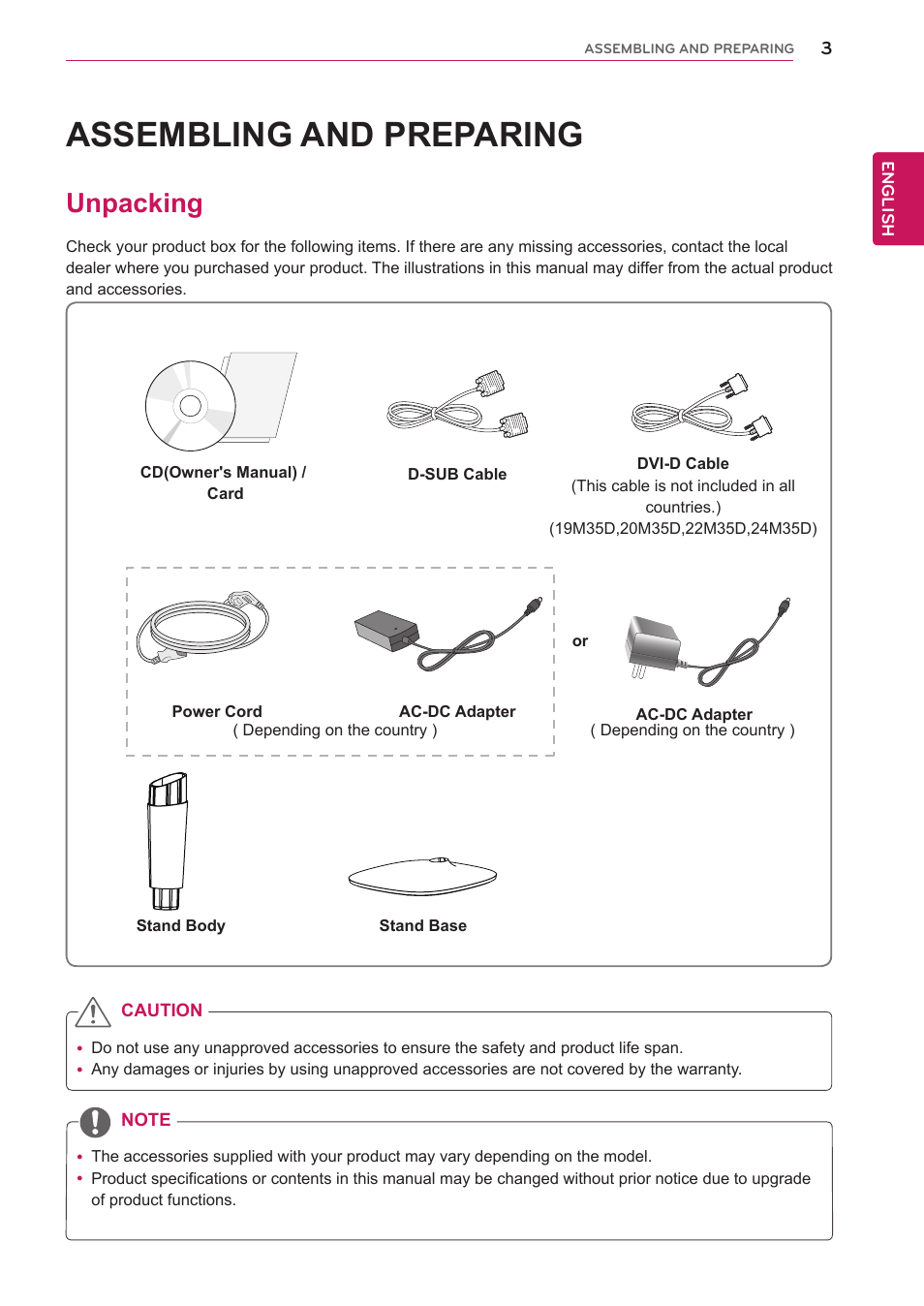 Assembling and preparing, Unpacking, Assembling and prepar | LG 20M35D-B User Manual | Page 3 / 36