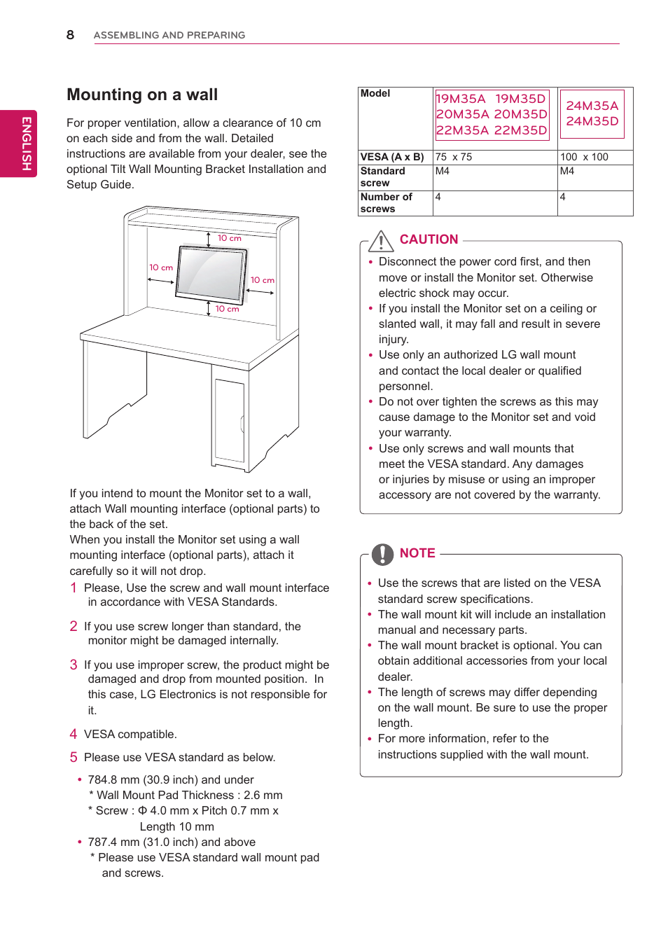 Mounting on a wall | LG 20M35D-B User Manual | Page 8 / 36