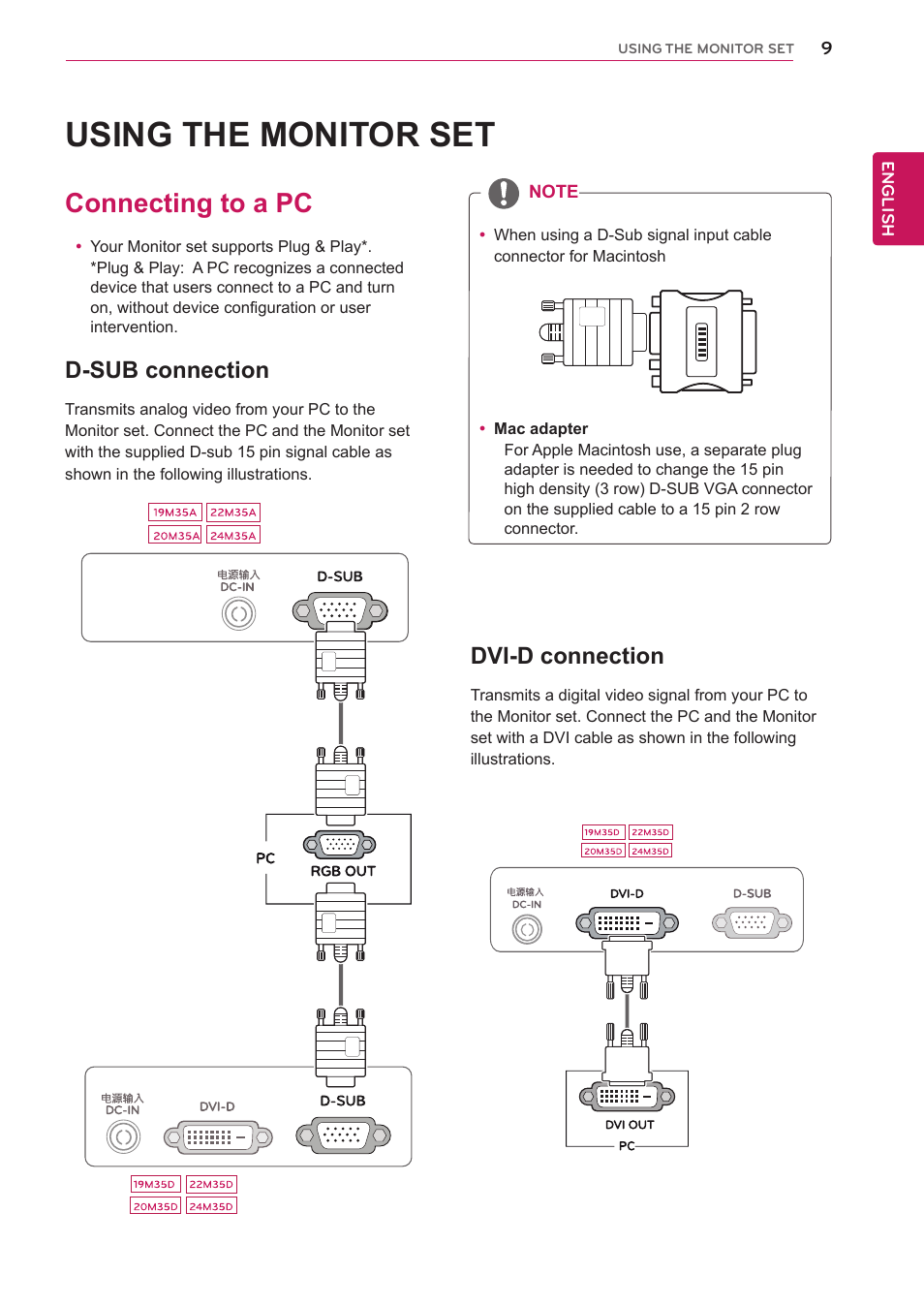 Using the monitor set, Connecting to a pc, D-sub connection | Dvi-d connection | LG 20M35D-B User Manual | Page 9 / 36