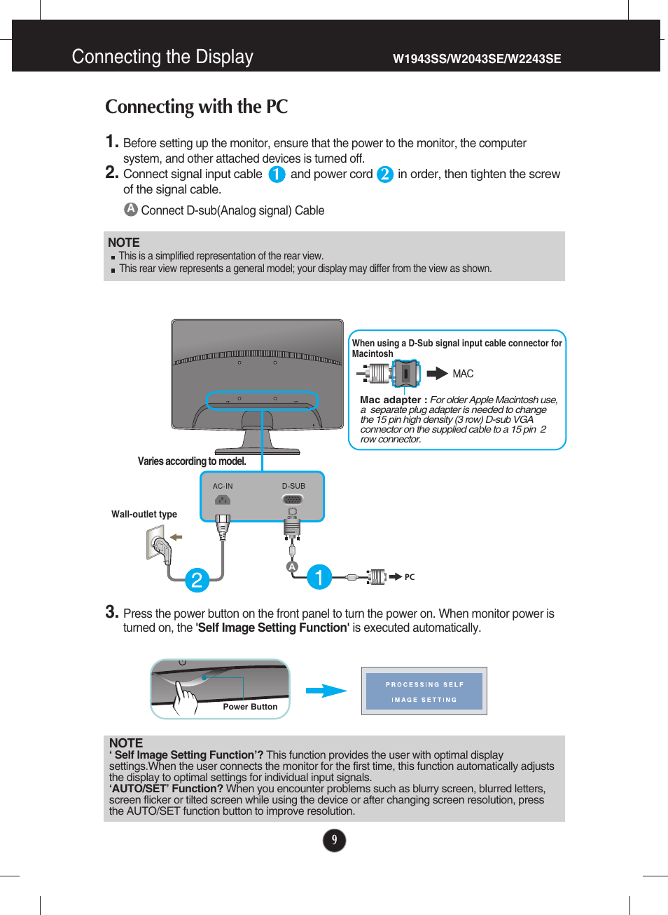 W1943ss/w2043se/w2243se, Connecting the display, Connecting with the pc | LG W1943SS-PF User Manual | Page 10 / 34