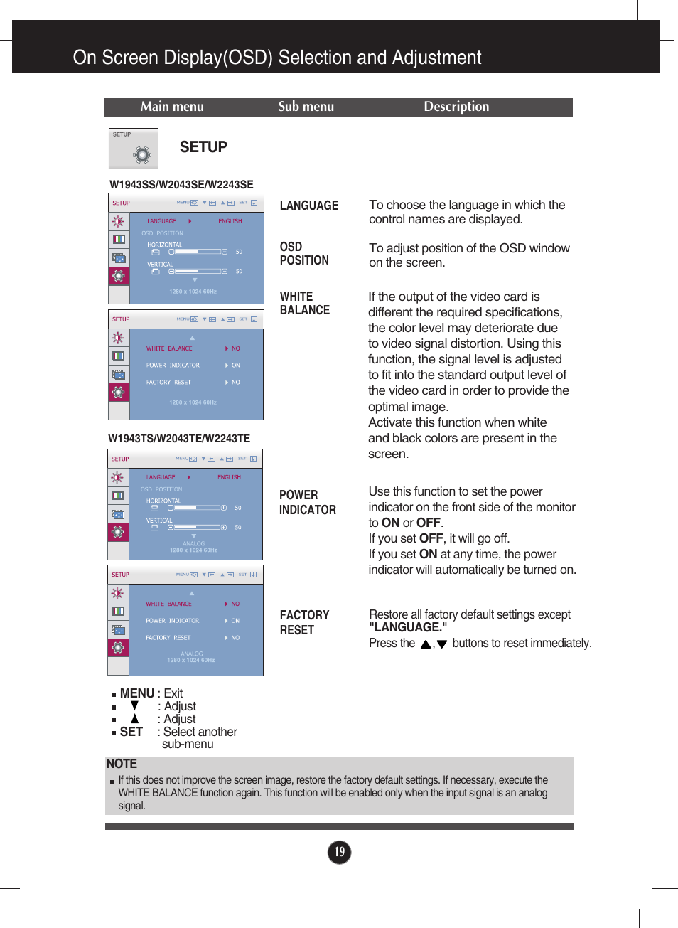 Setup, On screen display(osd) selection and adjustment | LG W1943SS-PF User Manual | Page 20 / 34