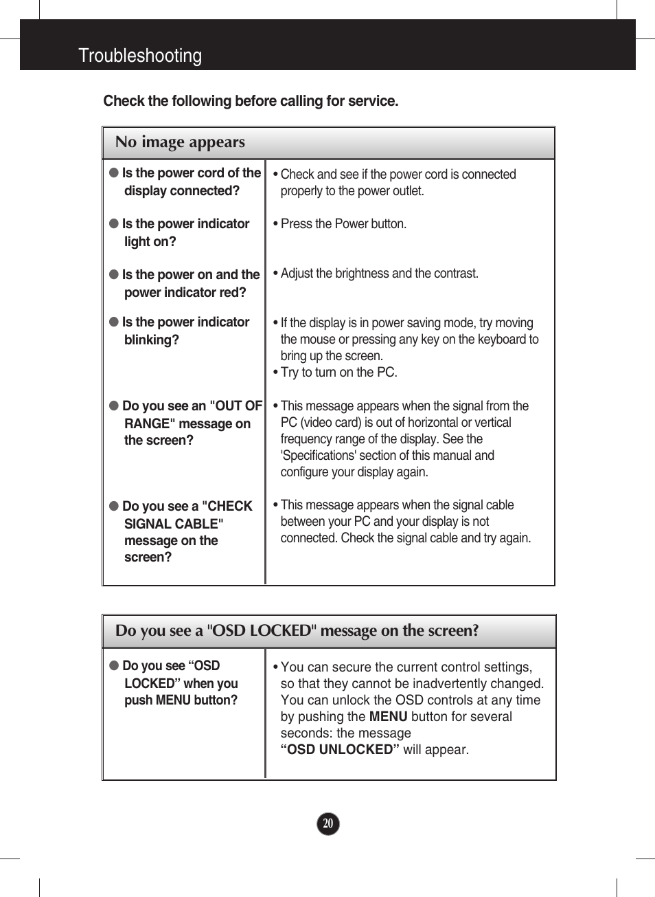 Troubleshooting, No image appears, Do you see a "osd locked" message on the screen | LG W1943SS-PF User Manual | Page 21 / 34