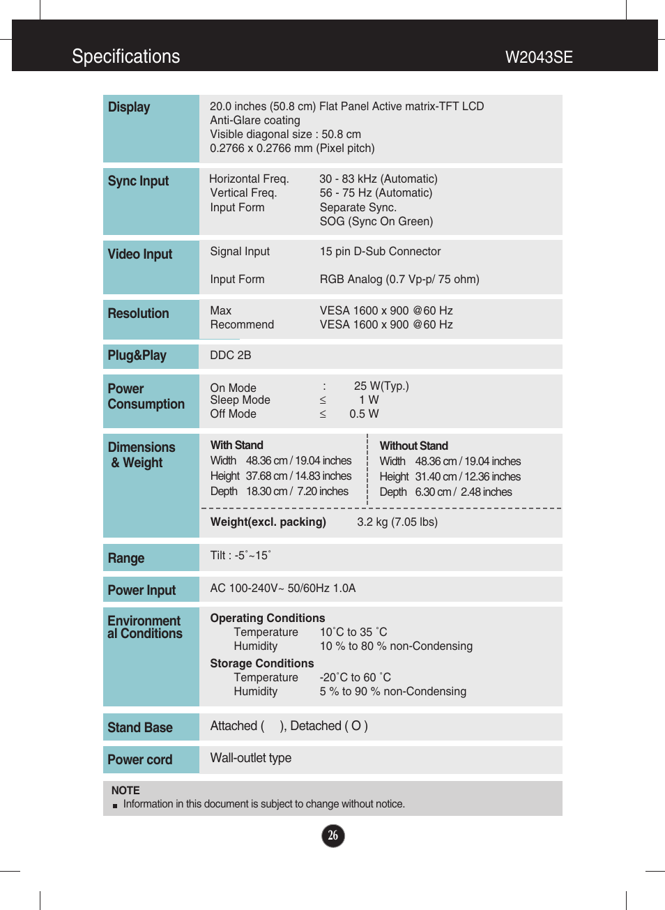 W2043se, Specifications | LG W1943SS-PF User Manual | Page 27 / 34