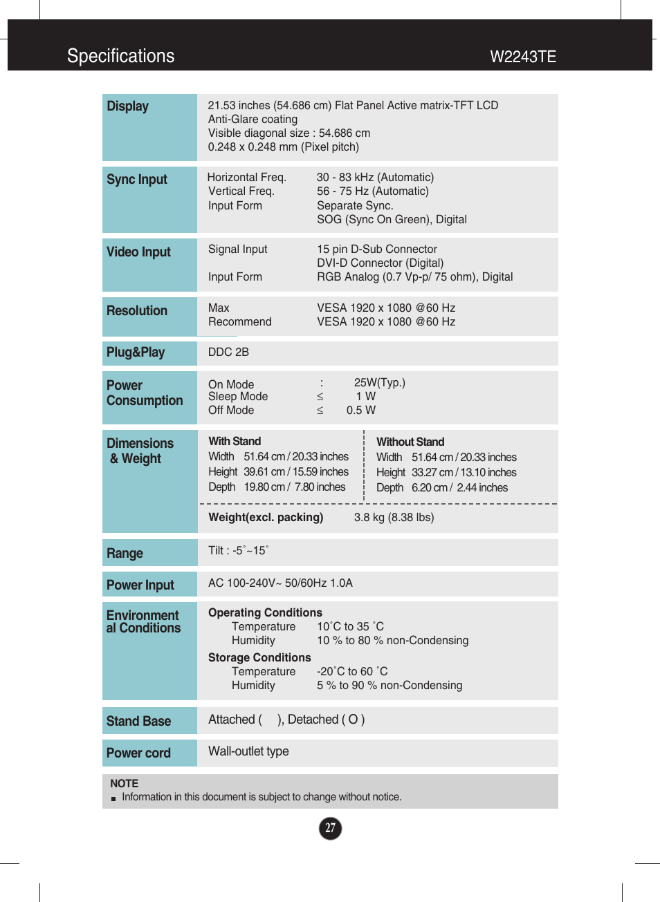 W2243te, Specifications | LG W1943SS-PF User Manual | Page 28 / 34