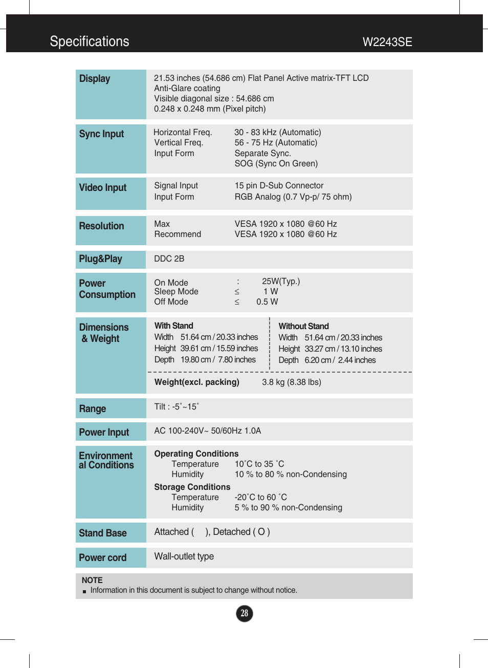 W2243se, Specifications | LG W1943SS-PF User Manual | Page 29 / 34