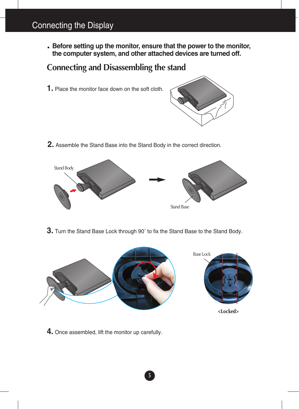 Connecting the display, Connecting and disassembling the stand | LG W1943SS-PF User Manual | Page 6 / 34