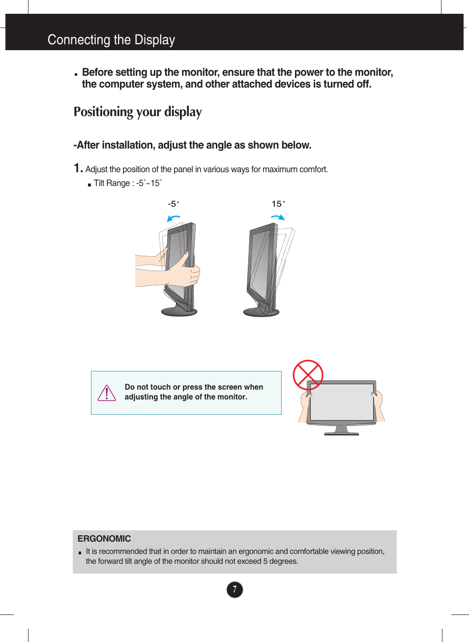 Positioning your display, Connecting the display | LG W1943SS-PF User Manual | Page 8 / 34