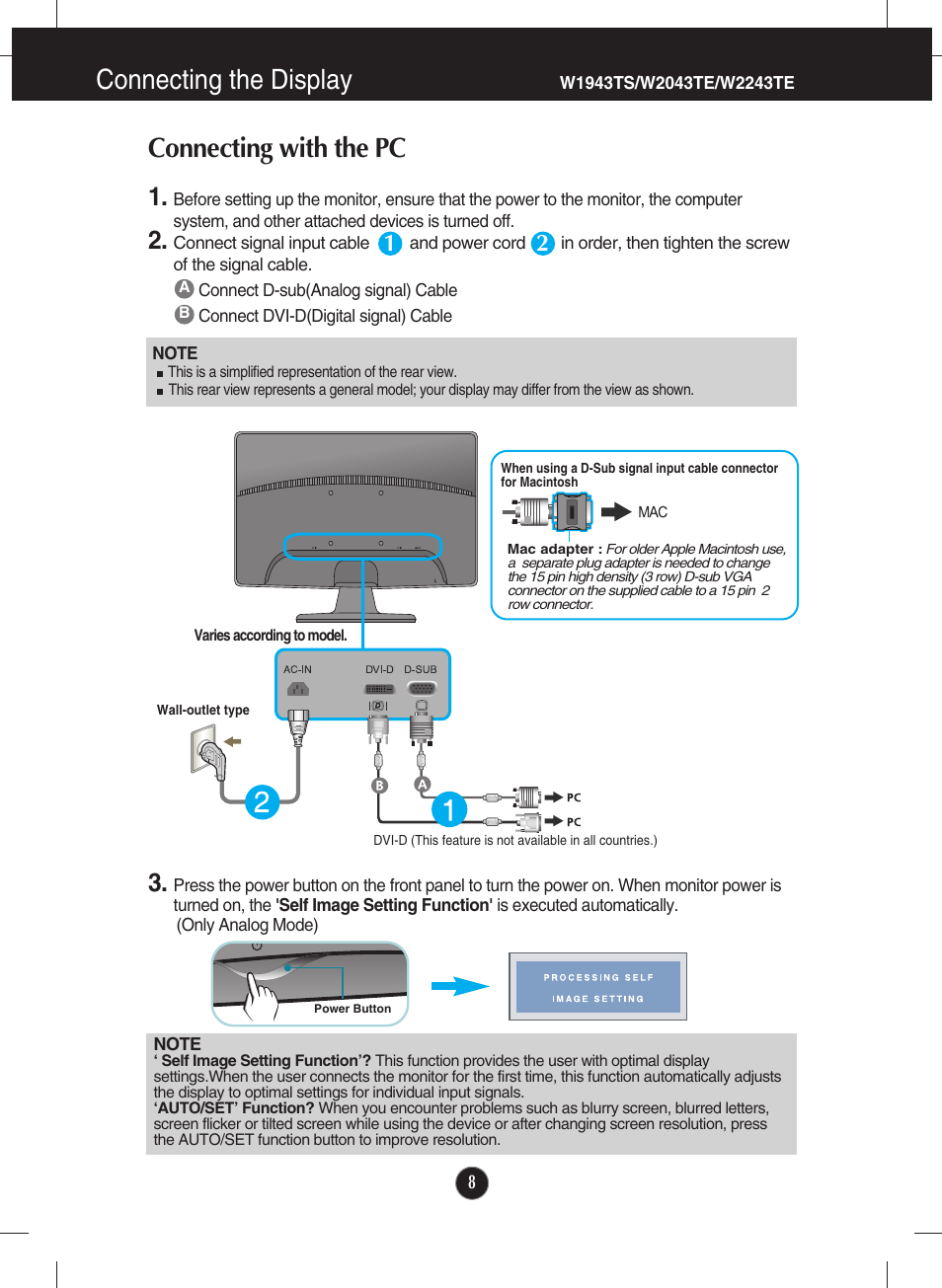 Connecting with the pc, W1943ts/w2043te/w2243te, Connecting the display | LG W1943SS-PF User Manual | Page 9 / 34