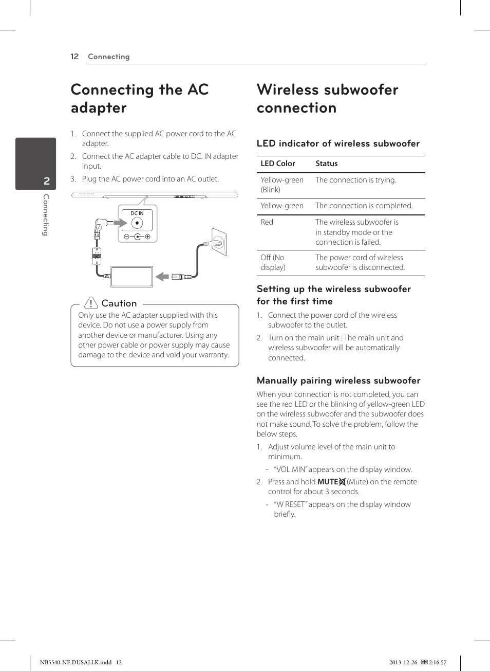 Connecting the ac adapter, Wireless subwoofer connection | LG NB5540 User Manual | Page 12 / 30