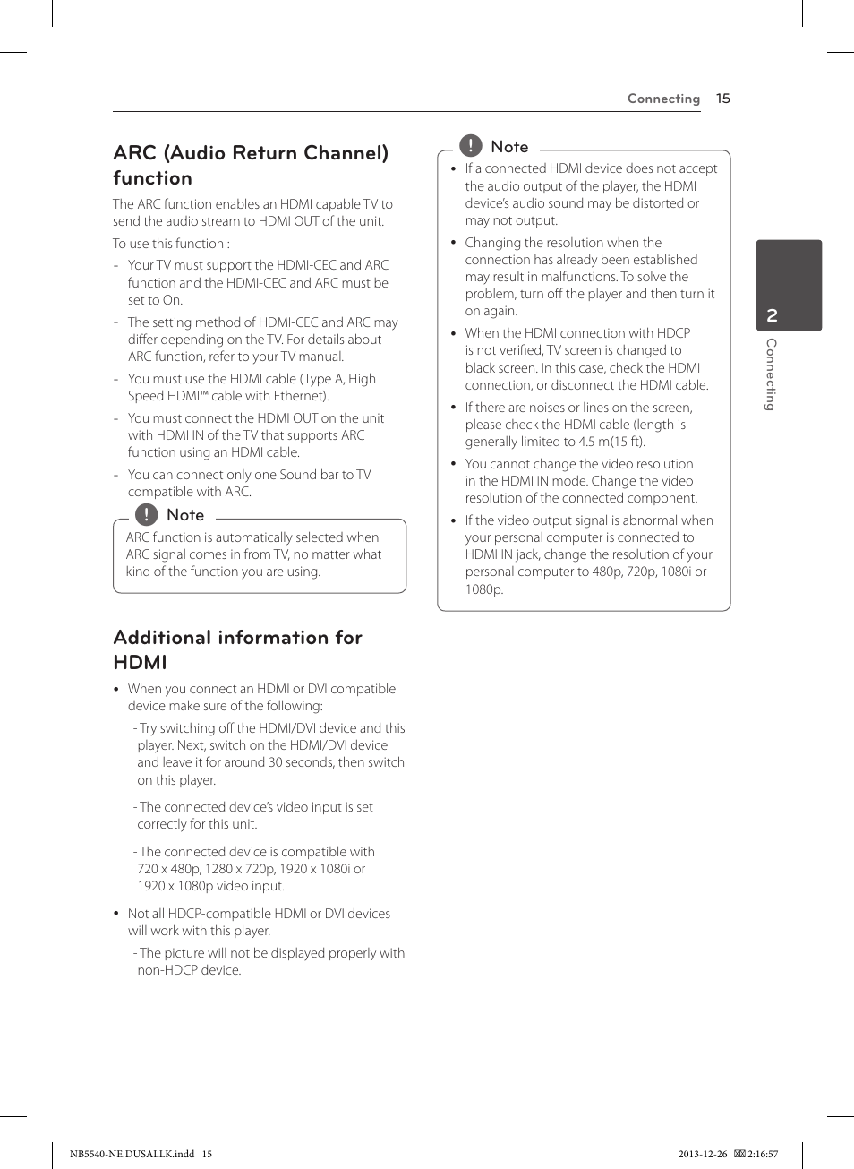 Arc (audio return channel) function, Additional information for hdmi | LG NB5540 User Manual | Page 15 / 30