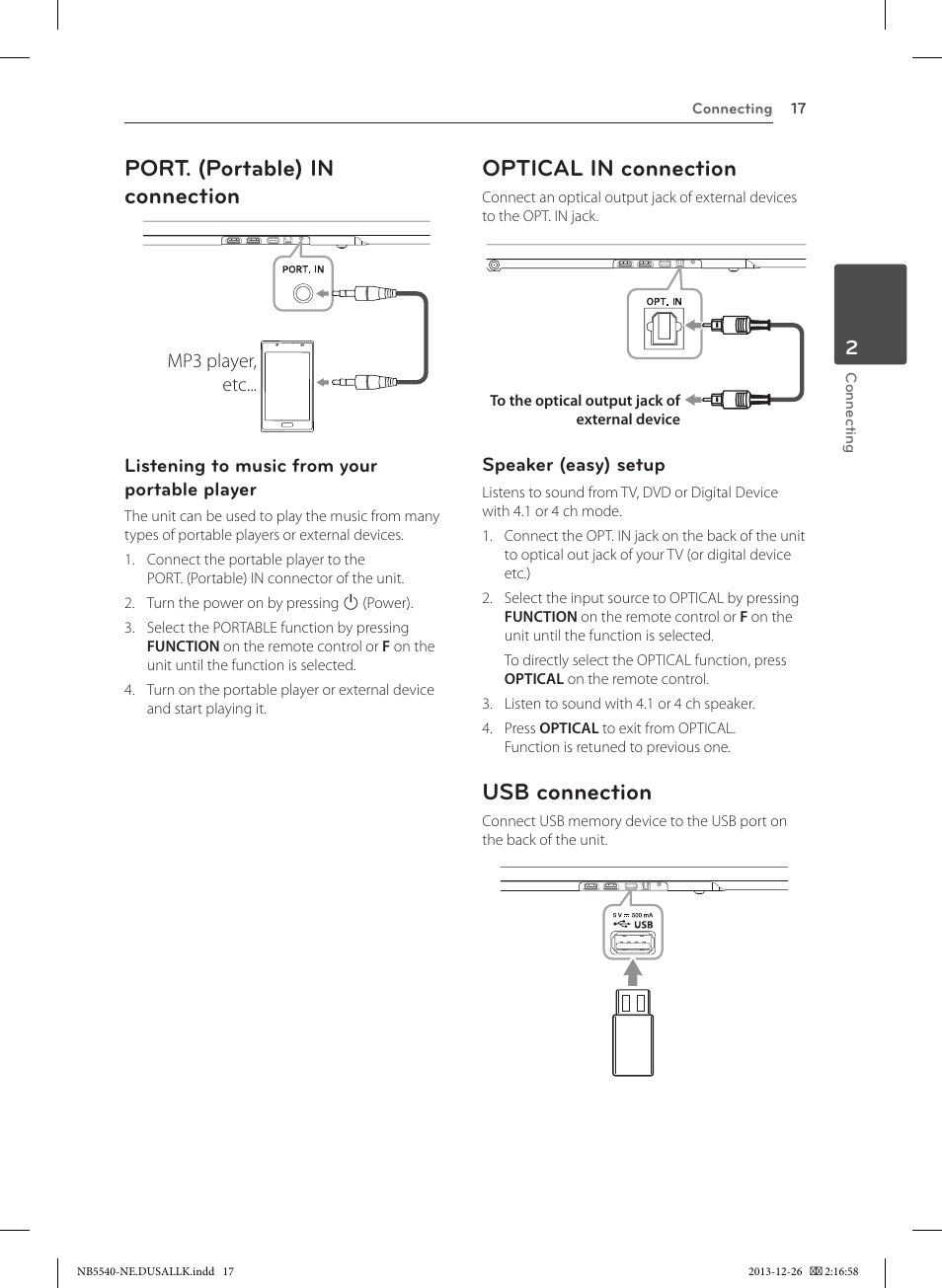 Port. (portable) in connection, Optical in connection, Usb connection | LG NB5540 User Manual | Page 17 / 30