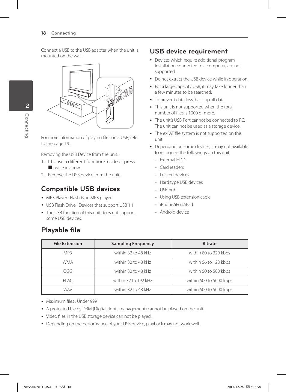 Compatible usb devices, Usb device requirement, Playable file | LG NB5540 User Manual | Page 18 / 30