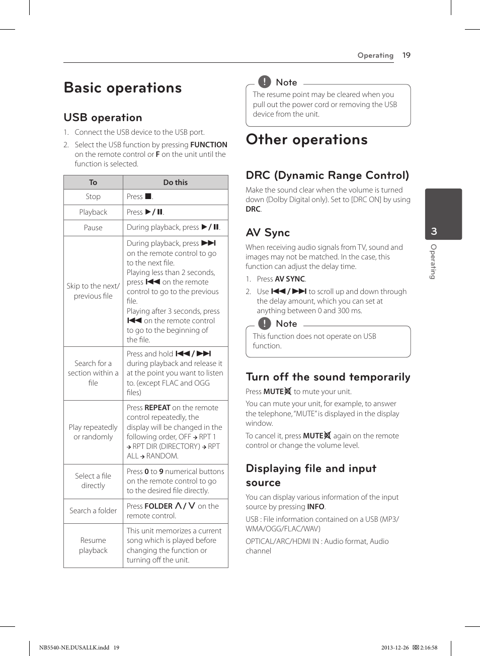 Basic operations, Other operations, Usb operation | Drc (dynamic range control), Av sync, Turn off the sound temporarily, Displaying file and input source | LG NB5540 User Manual | Page 19 / 30