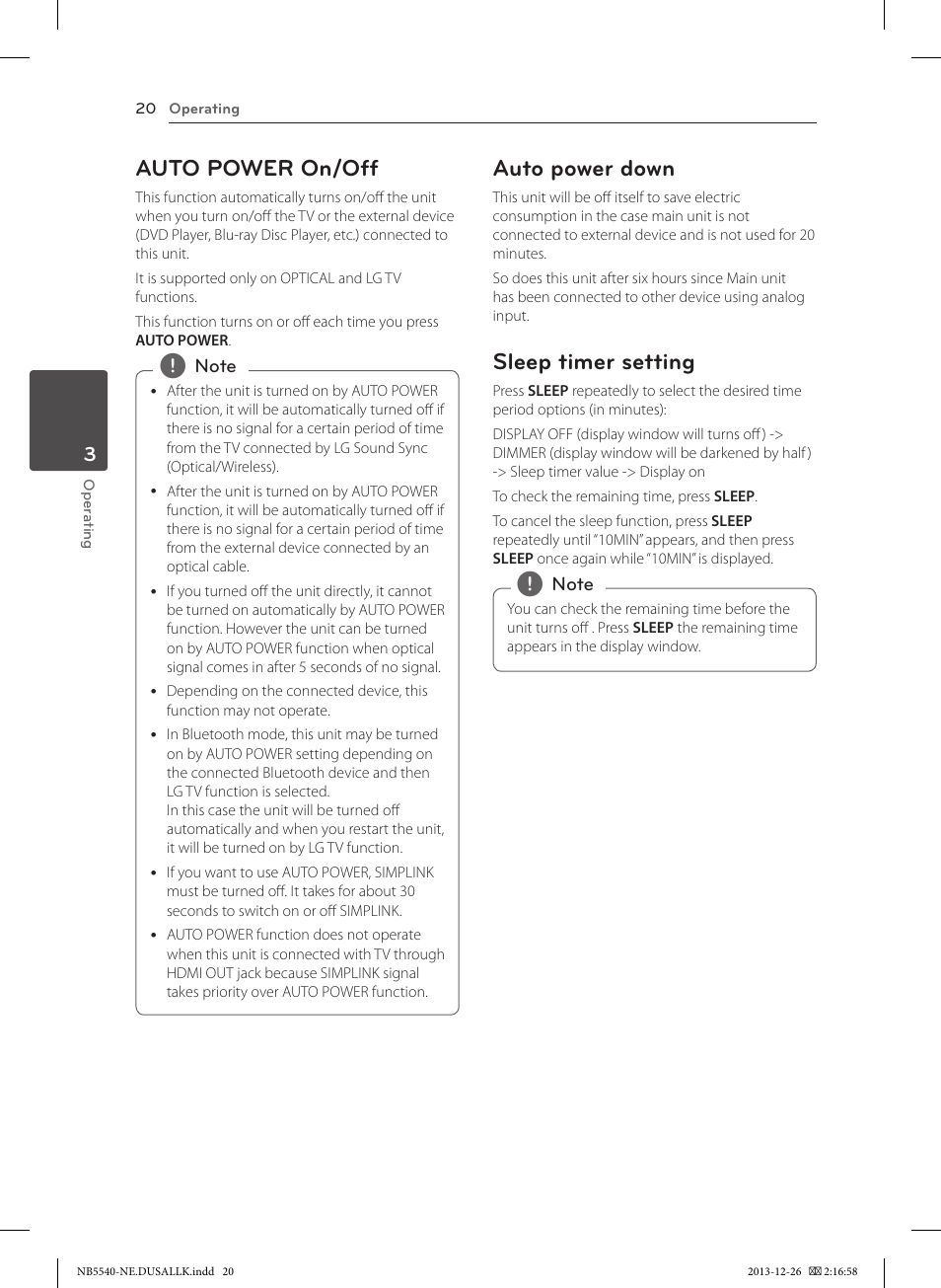 Auto power on/off, Auto power down, Sleep timer setting | LG NB5540 User Manual | Page 20 / 30