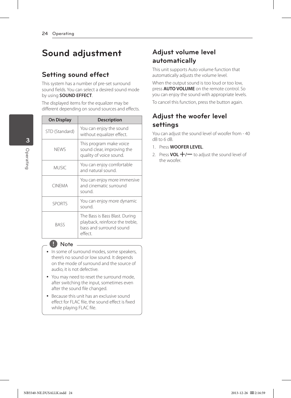Sound adjustment, Setting sound effect, Adjust volume level automatically | Adjust the woofer level settings | LG NB5540 User Manual | Page 24 / 30
