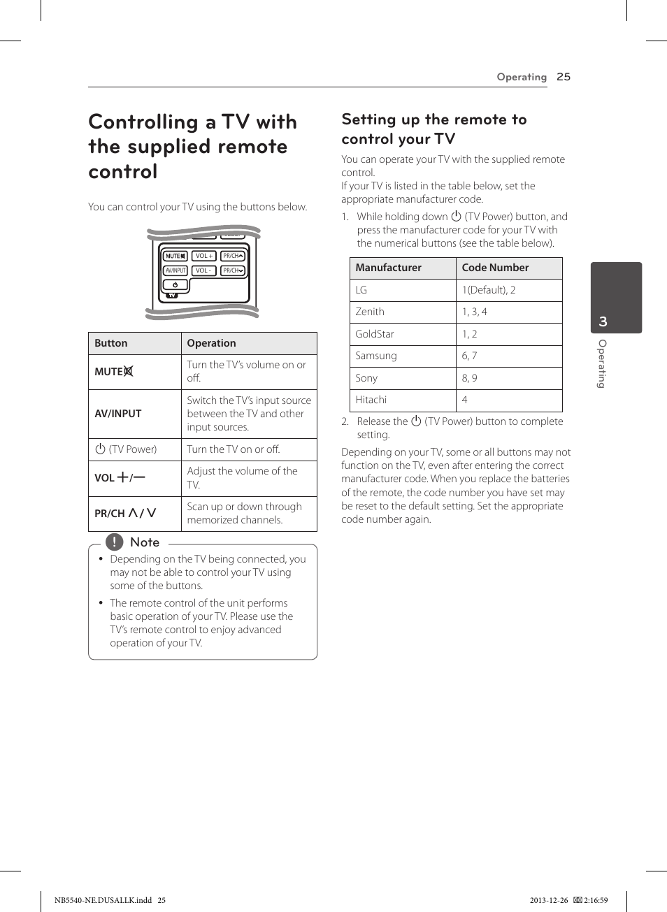 Controlling a tv with the supplied remote control, Setting up the remote to control your tv | LG NB5540 User Manual | Page 25 / 30