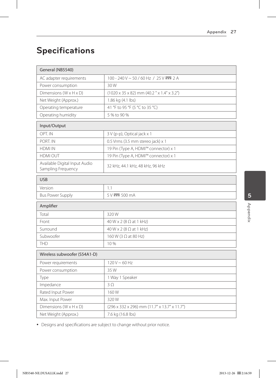 Specifications | LG NB5540 User Manual | Page 27 / 30