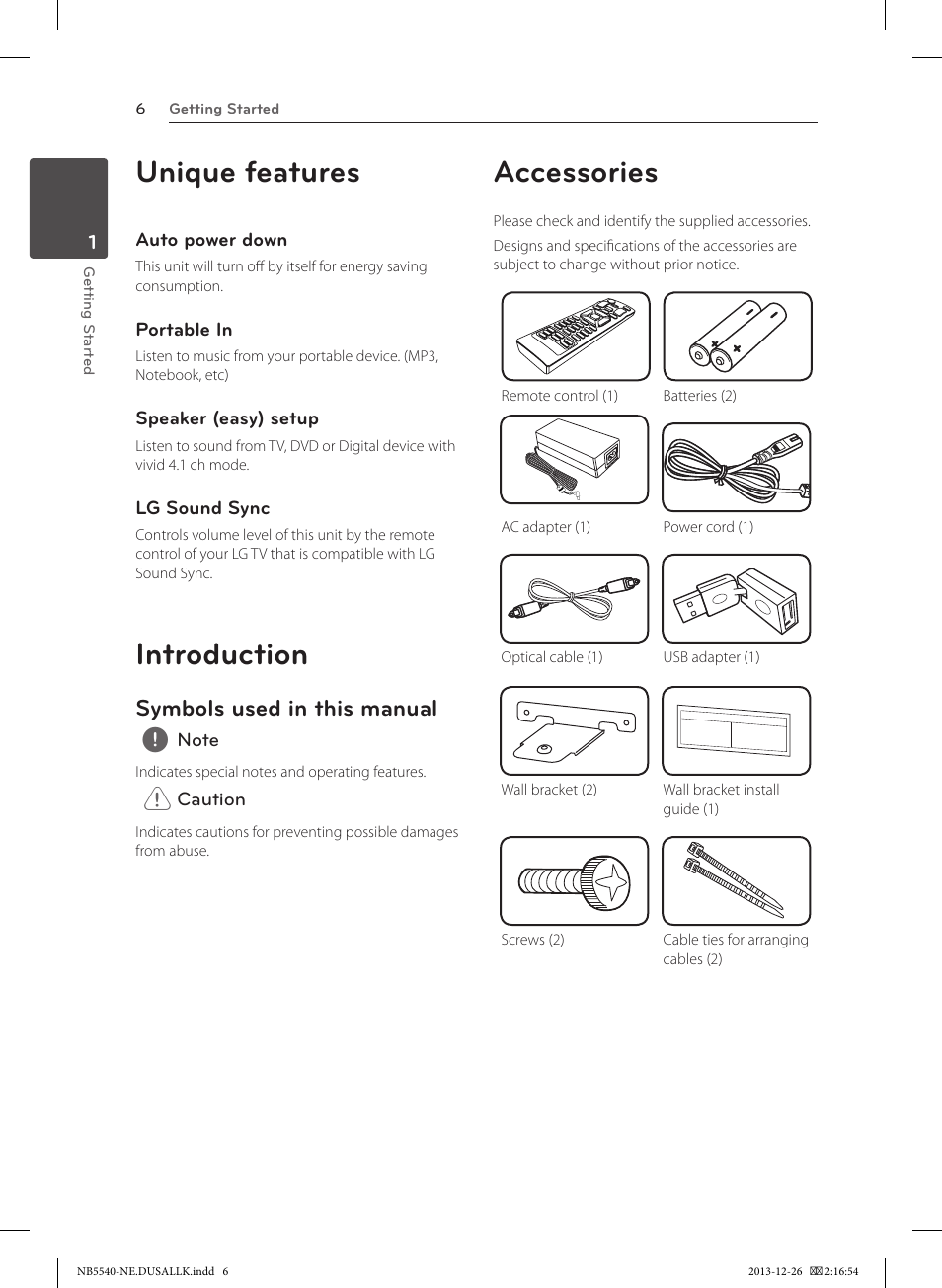Unique features, Introduction, Accessories | Symbols used in this manual | LG NB5540 User Manual | Page 6 / 30