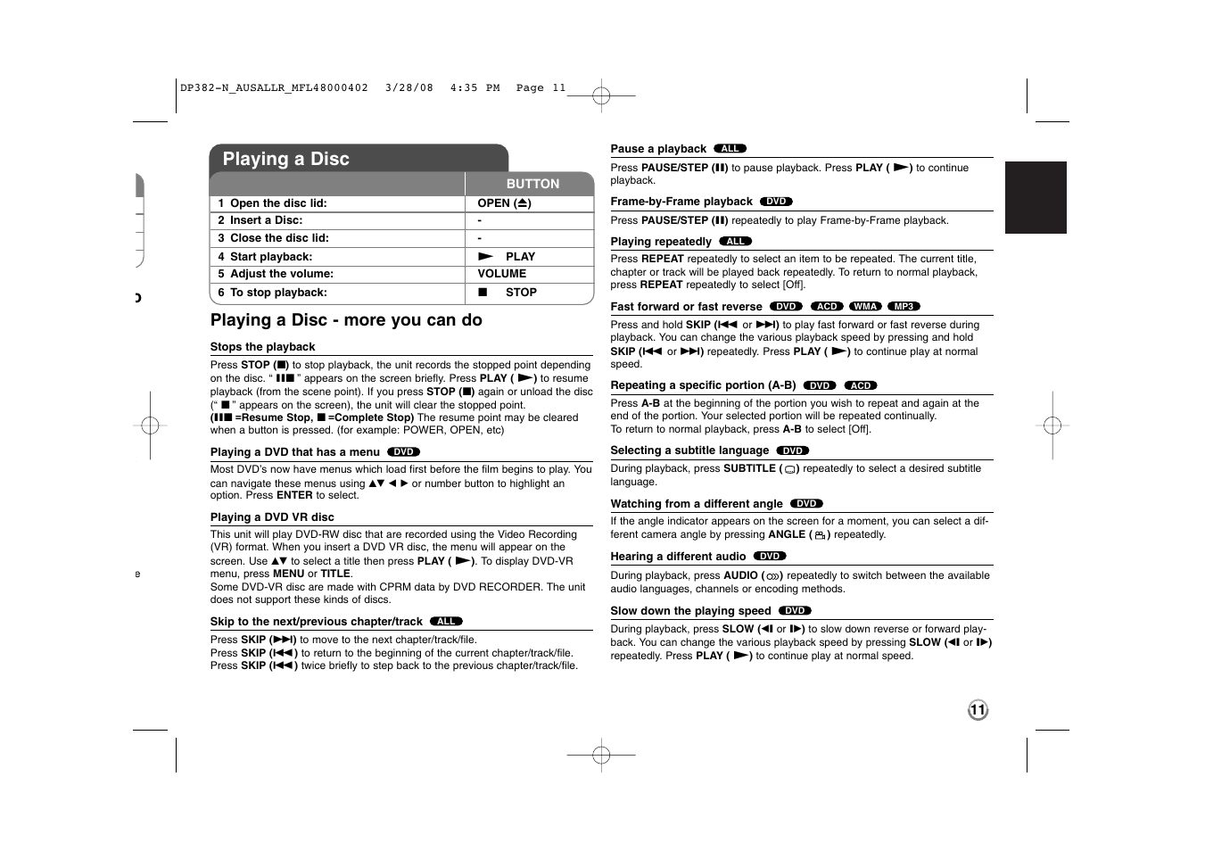 Playing a disc, Playing a disc - more you can do | LG DP885 User Manual | Page 11 / 17