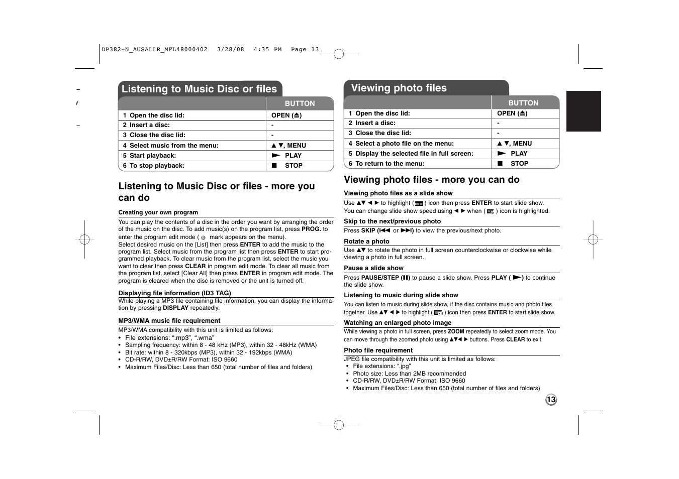 Listening to music disc or files, Viewing photo files, Listening to music disc or files - more you can do | Viewing photo files - more you can do | LG DP885 User Manual | Page 13 / 17