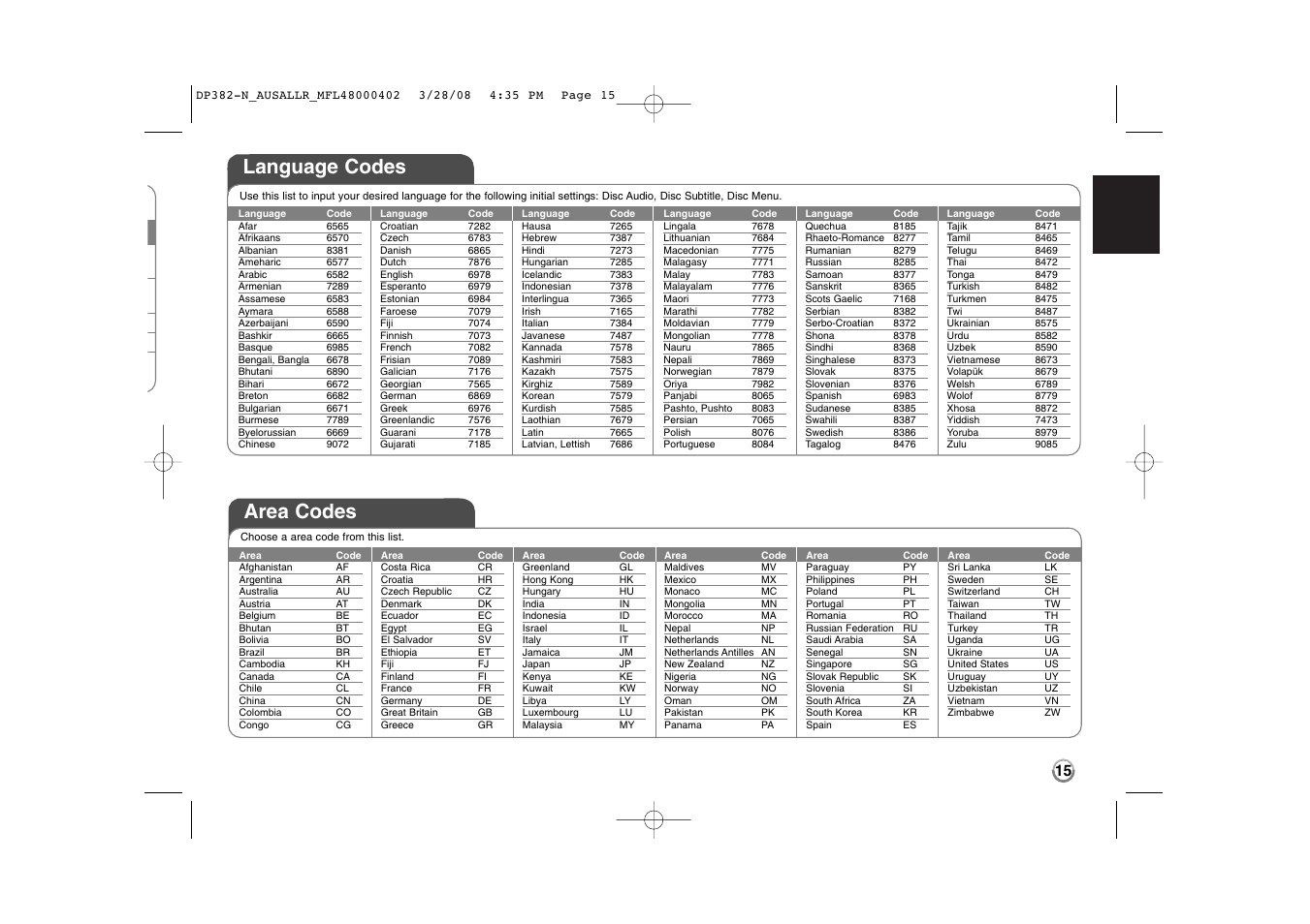 Language codes, Area codes | LG DP885 User Manual | Page 15 / 17