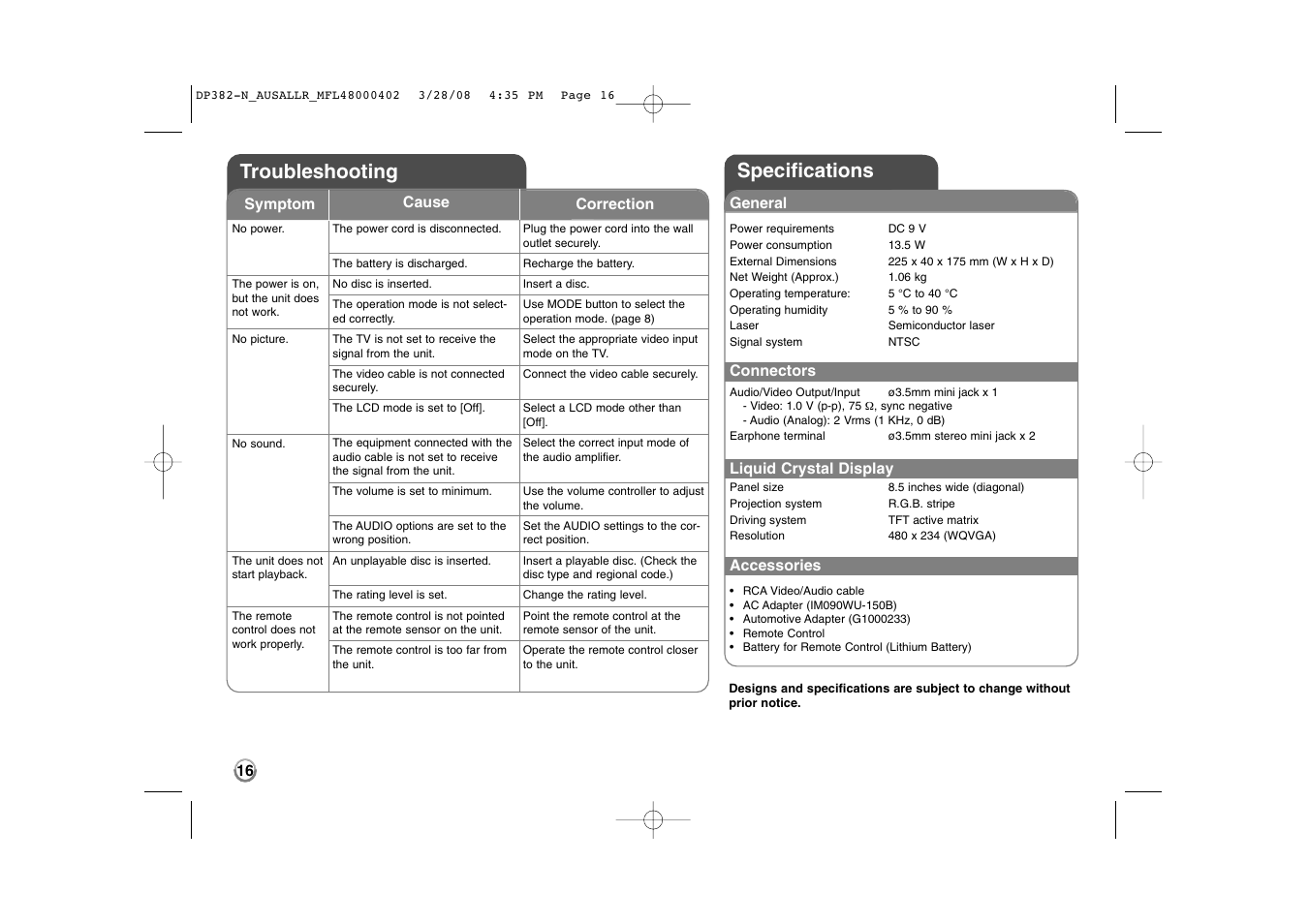 Specifications troubleshooting | LG DP885 User Manual | Page 16 / 17