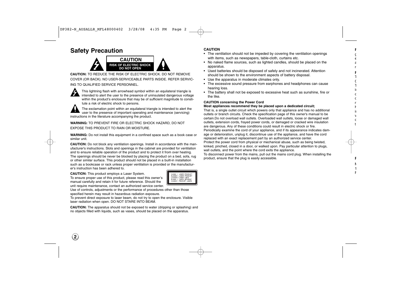 Safety precaution | LG DP885 User Manual | Page 2 / 17