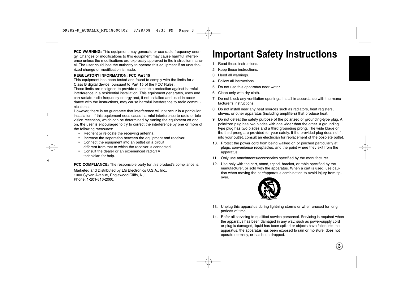 Important safety instructions | LG DP885 User Manual | Page 3 / 17