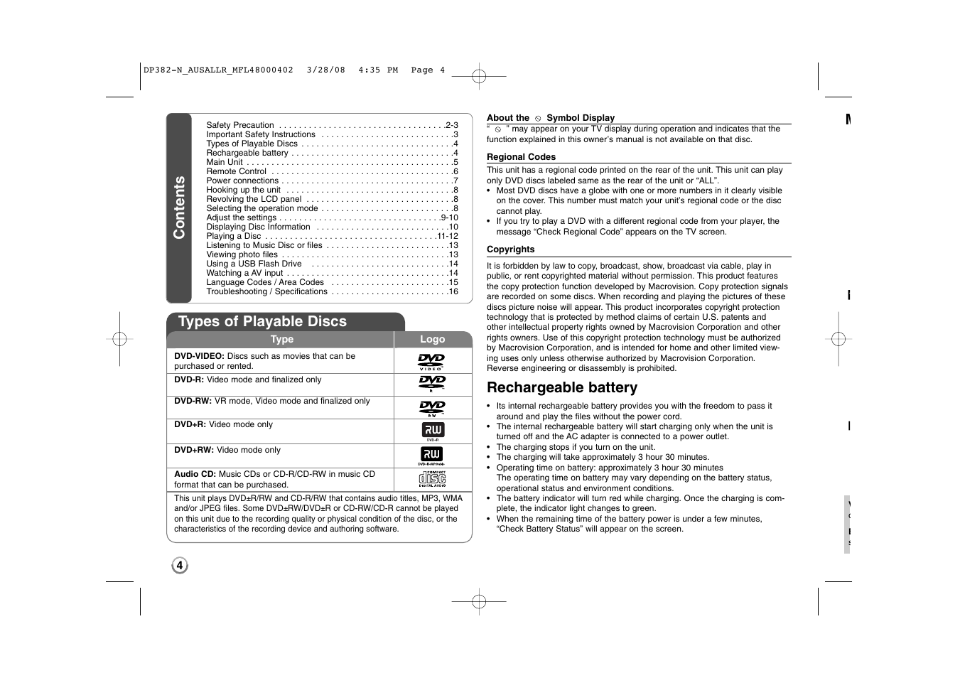 Rechargeable battery, Types of playable discs, Contents m | LG DP885 User Manual | Page 4 / 17