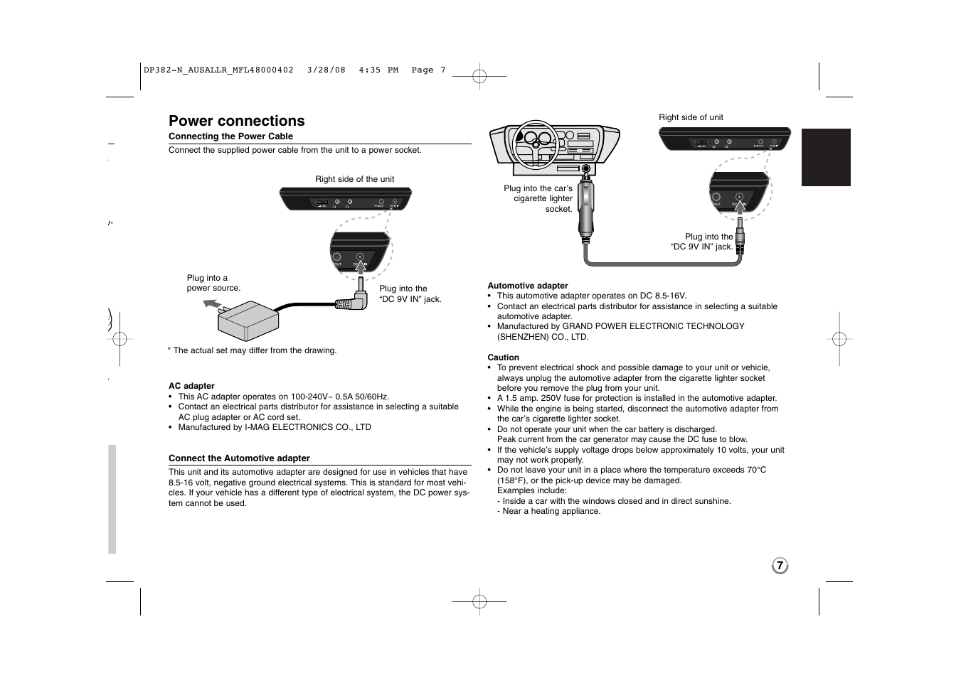 Power connections | LG DP885 User Manual | Page 7 / 17