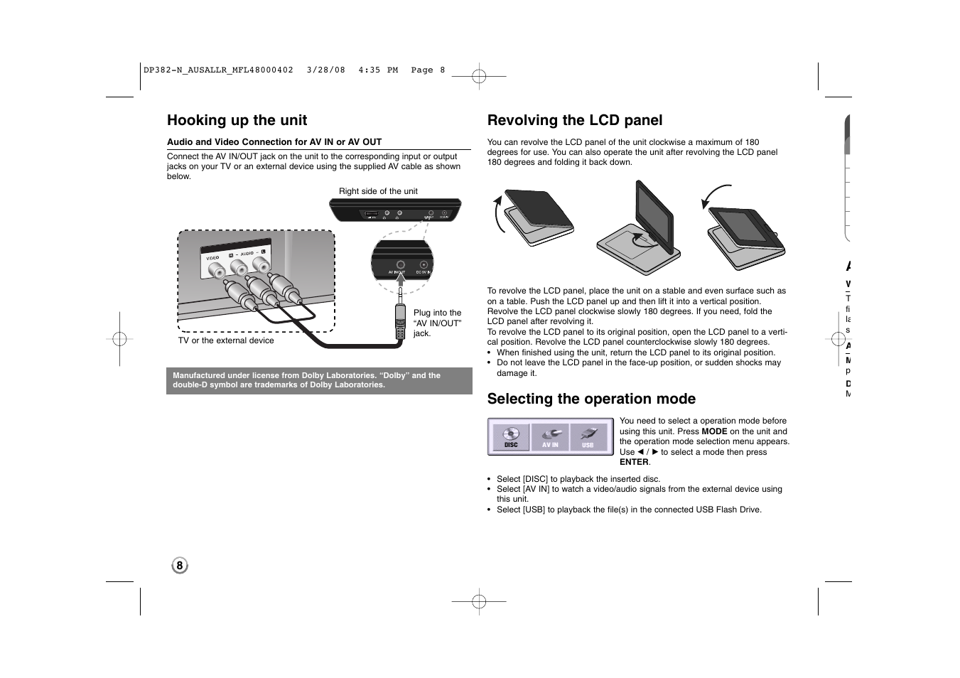 Hooking up the unit, Revolving the lcd panel, Selecting the operation mode | LG DP885 User Manual | Page 8 / 17