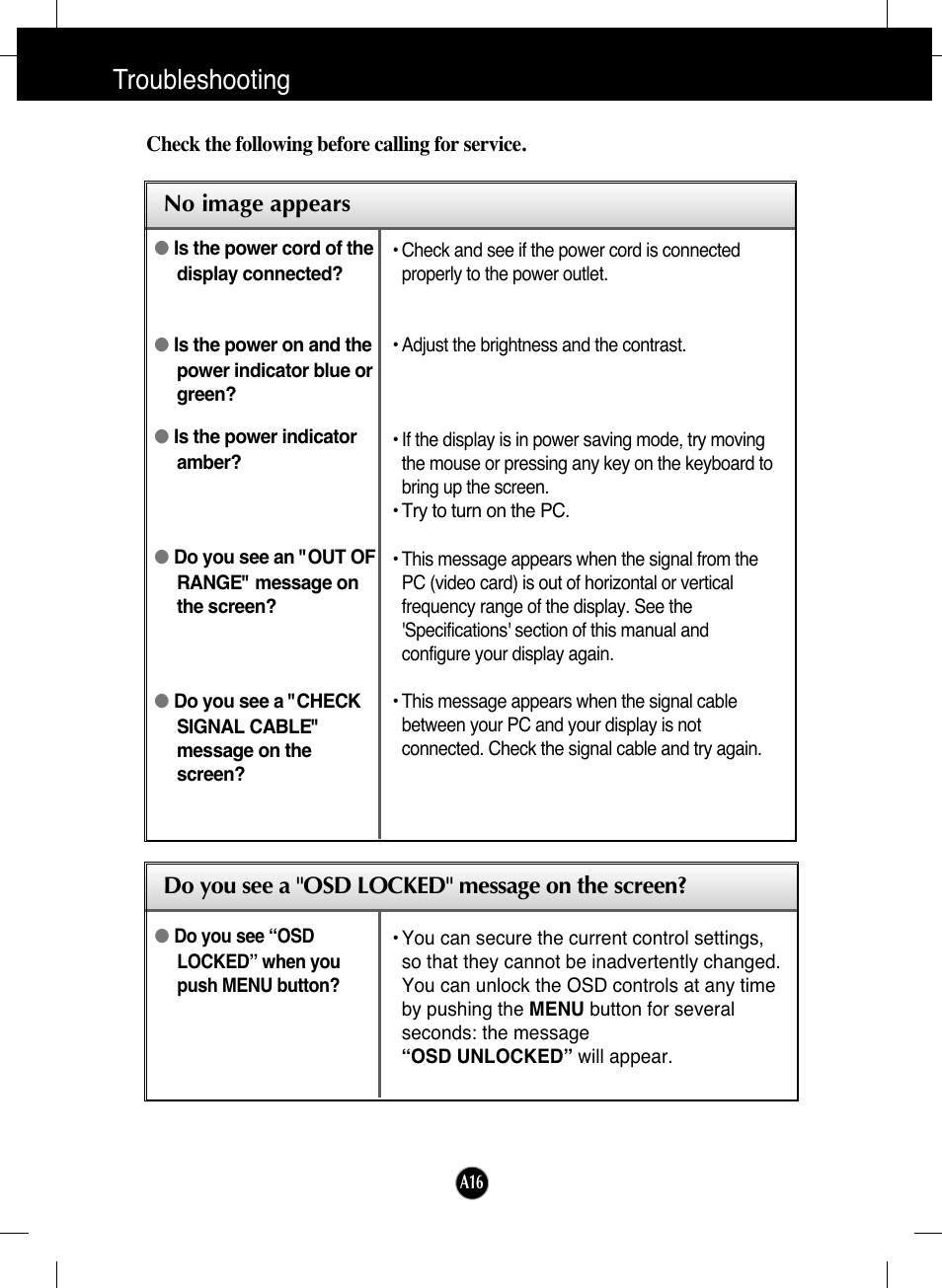 Troubleshooting, No image appears, Do you see a "osd locked" message on the screen | LG L206WTY-BF User Manual | Page 17 / 24