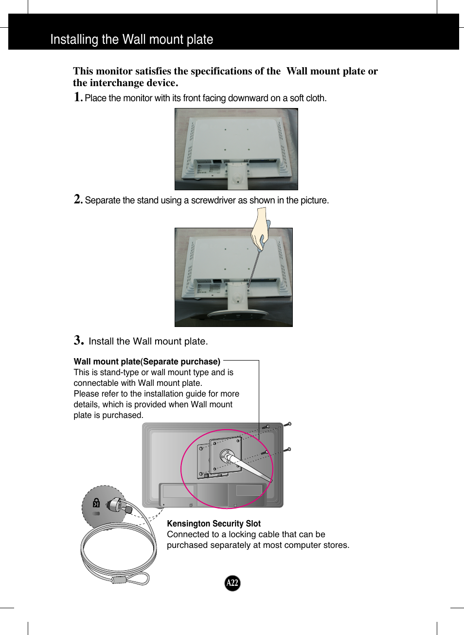 Installing the wall mount plate | LG L206WTY-BF User Manual | Page 23 / 24