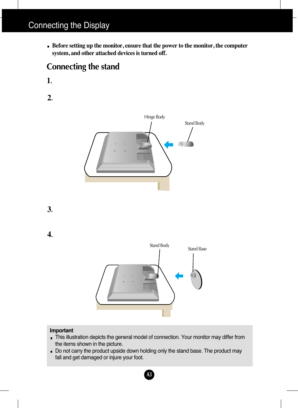 Connecting the display, Connecting the stand | LG L206WTY-BF User Manual | Page 4 / 24