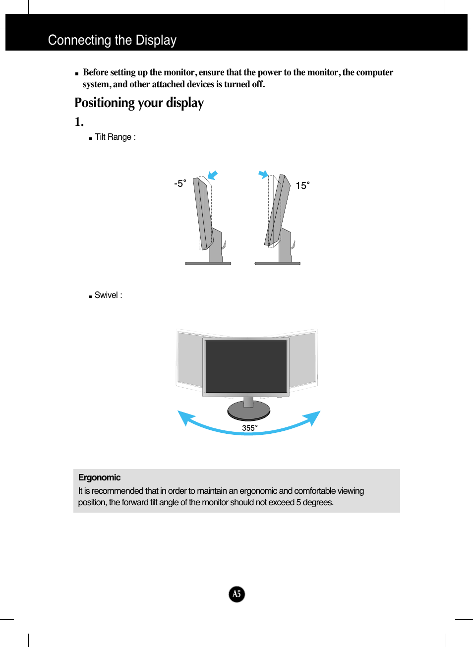 Positioning your display, Connecting the display | LG L206WTY-BF User Manual | Page 6 / 24