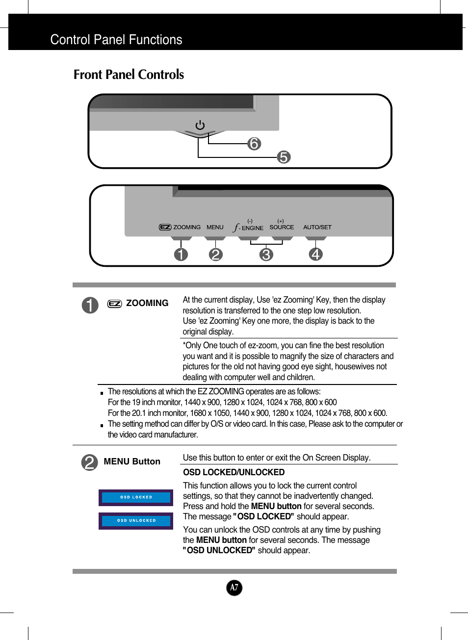 Control panel functions, Front panel controls | LG L206WTY-BF User Manual | Page 8 / 24
