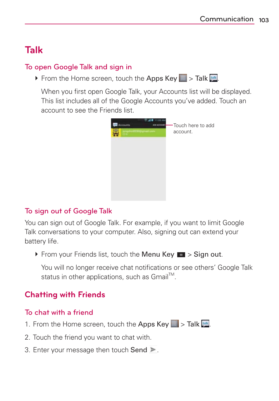 Talk, Chatting with friends | LG MS770 User Manual | Page 105 / 190