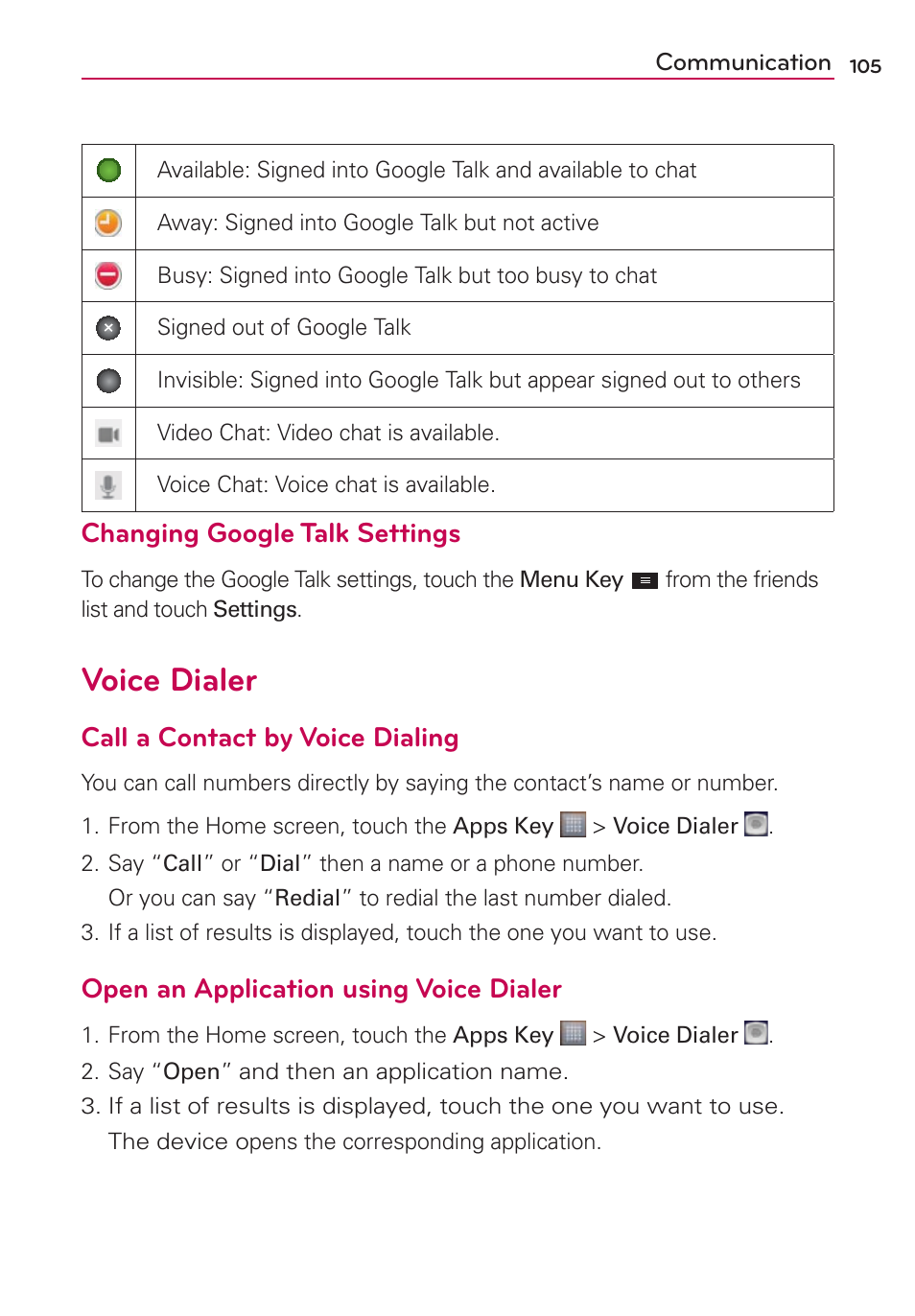 Voice dialer, Changing google talk settings, Call a contact by voice dialing | Open an application using voice dialer | LG MS770 User Manual | Page 107 / 190