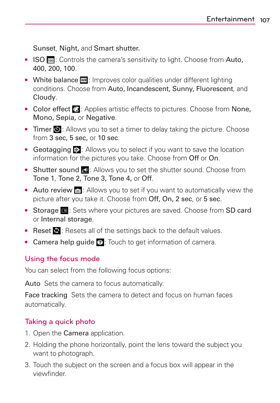 Entertainment, Using the focus mode, Taking a quick photo | LG MS770 User Manual | Page 109 / 190