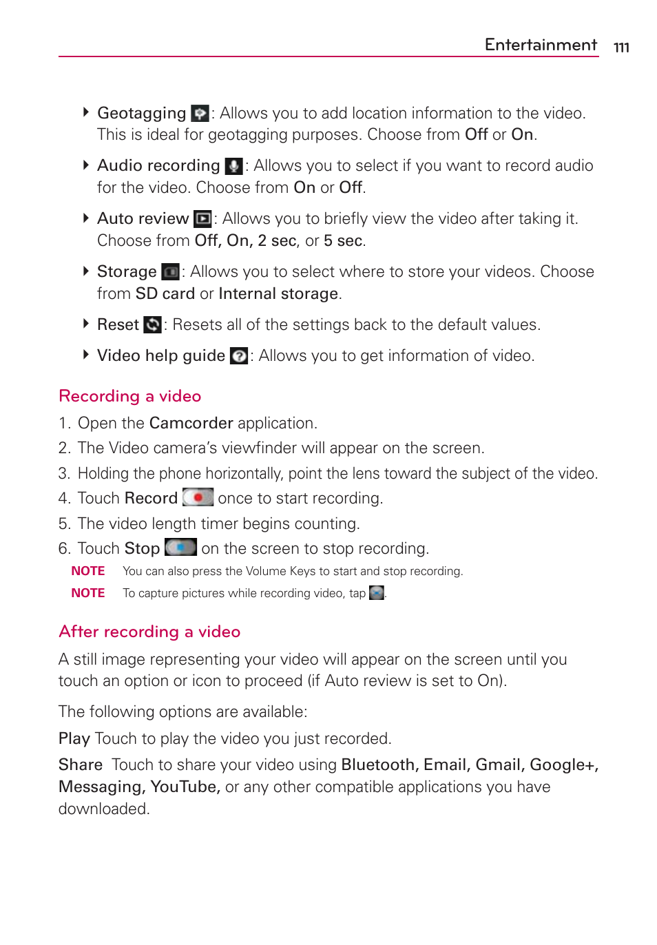 Entertainment, Recording a video, After recording a video | LG MS770 User Manual | Page 113 / 190