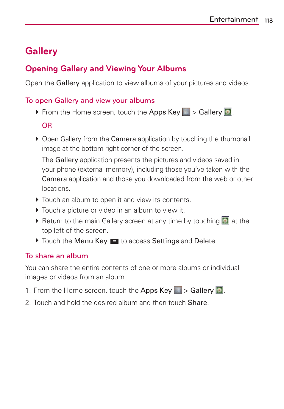 Gallery, Opening gallery and viewing your albums | LG MS770 User Manual | Page 115 / 190