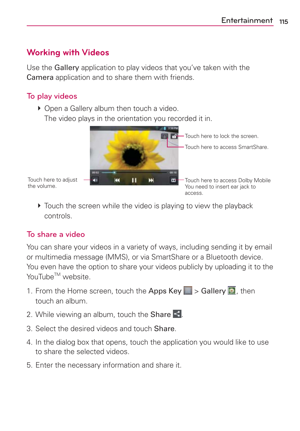 Working with videos, Entertainment | LG MS770 User Manual | Page 117 / 190