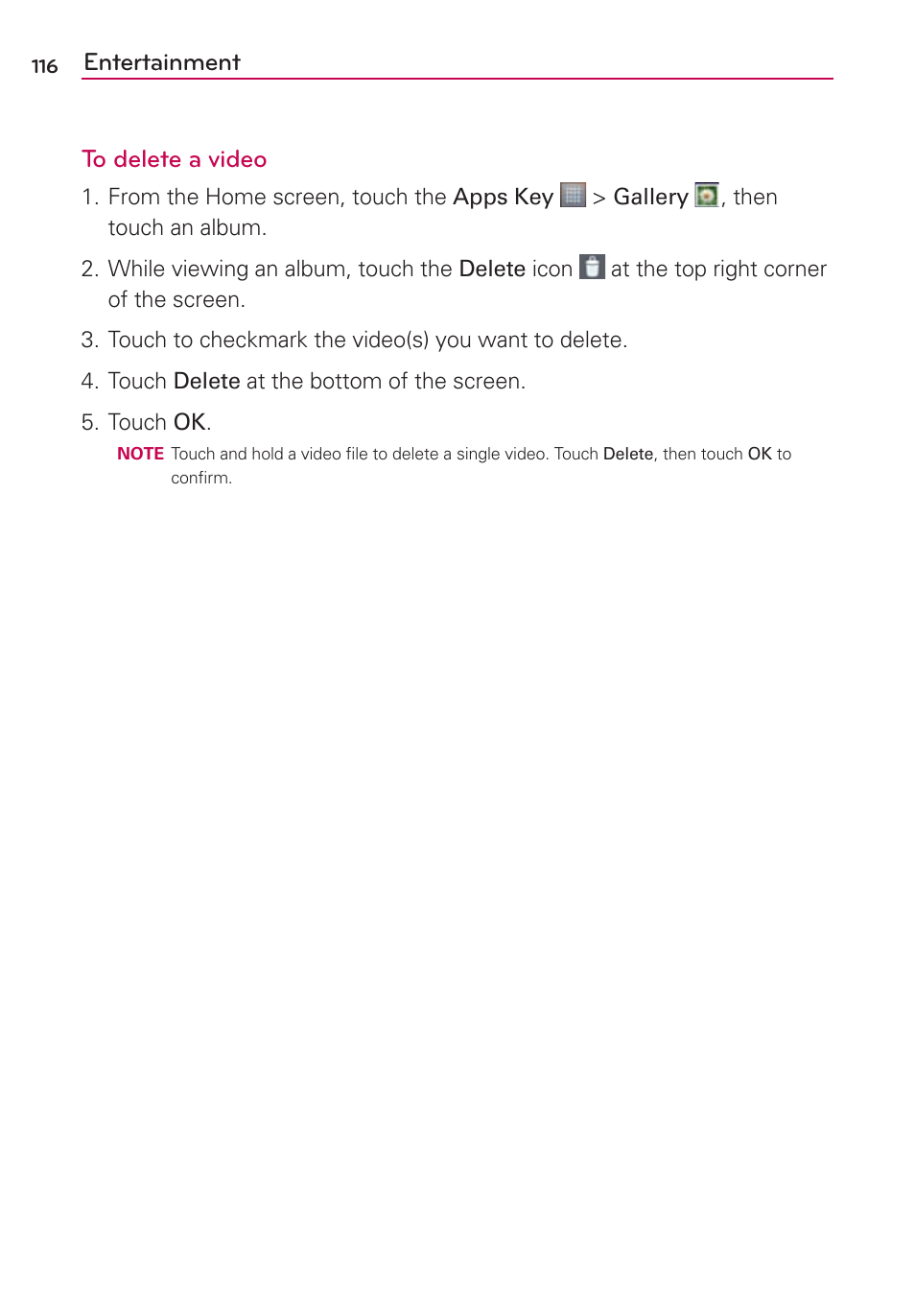 Entertainment to delete a video | LG MS770 User Manual | Page 118 / 190